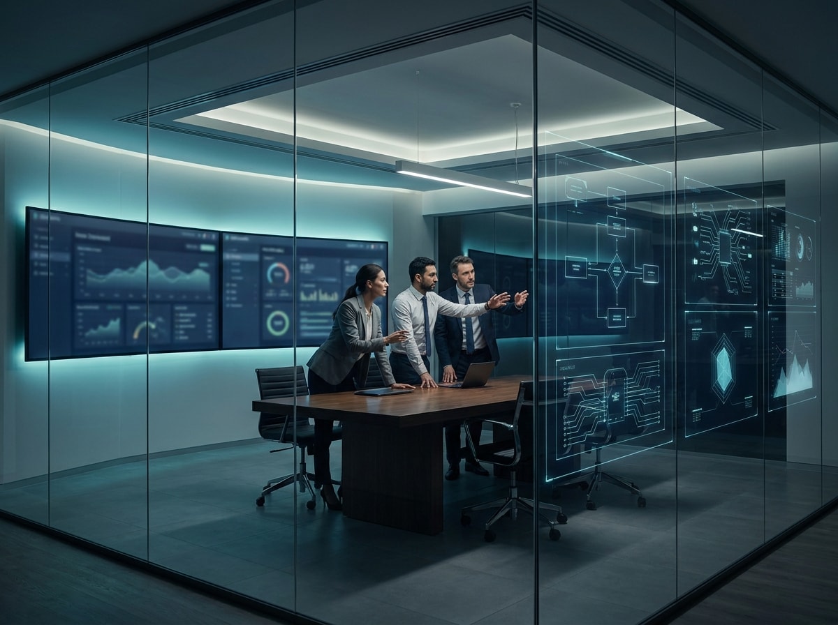 Vivitec AI team collaborating around illuminated technology systems