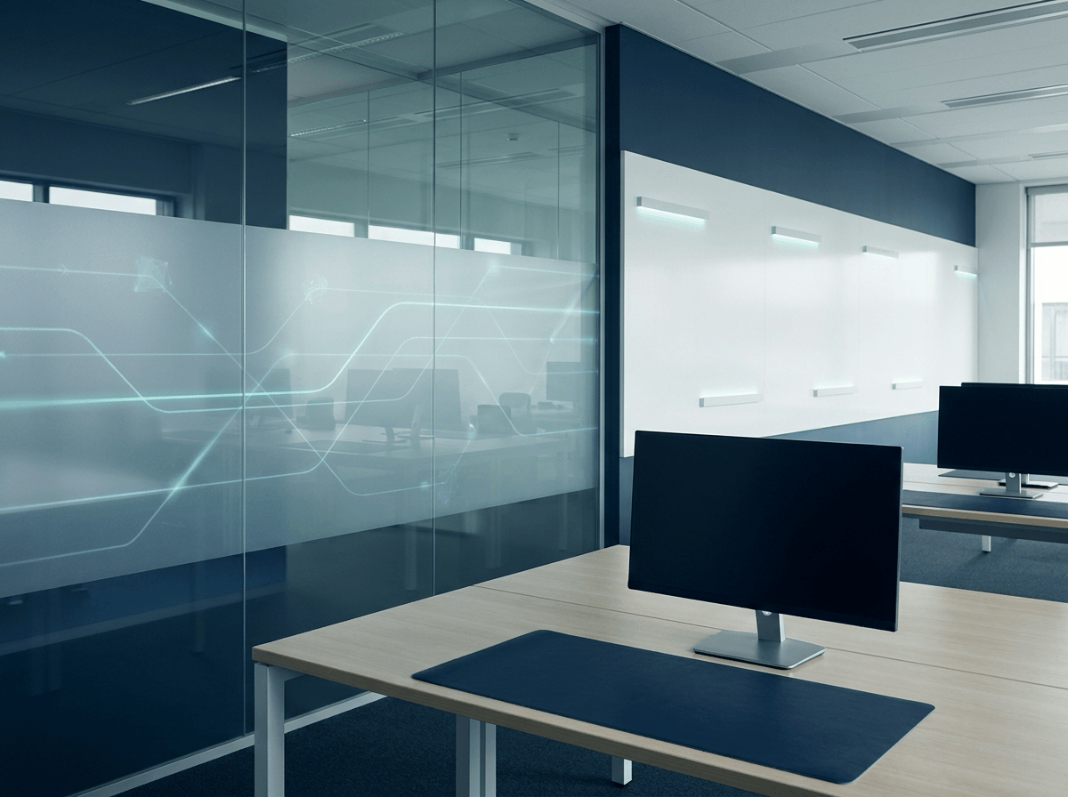 Operations office with subtle AI optimization and acceleration overlays