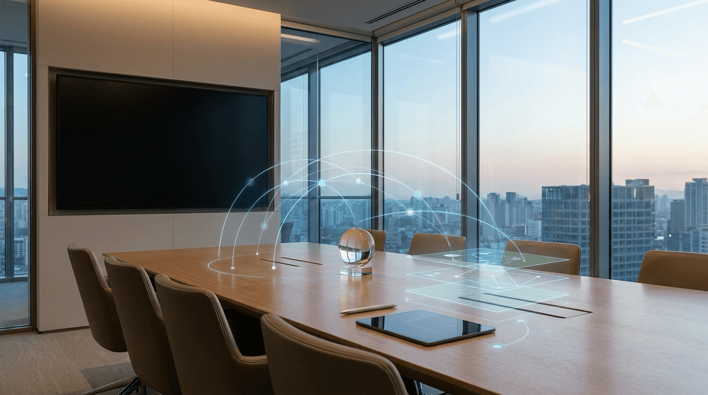 Executive boardroom with subtle AI advisory strategy overlays
