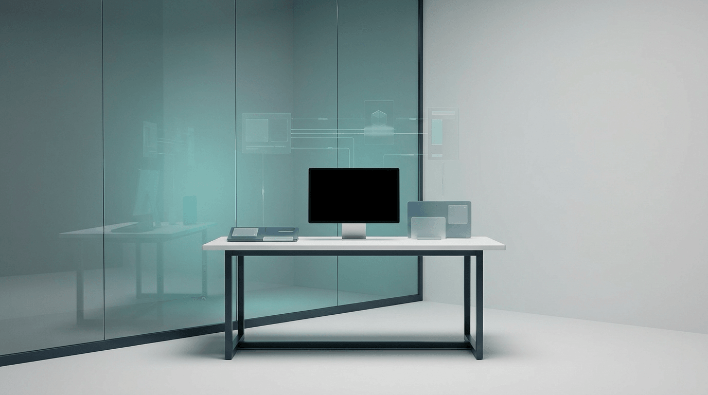 AI application workspace with subtle custom system architecture overlays