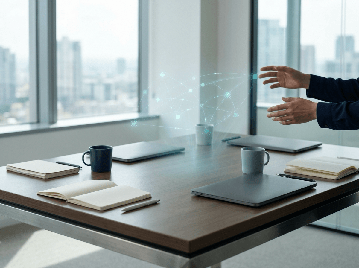 Workshop table with subtle AI readiness and opportunity mapping overlays