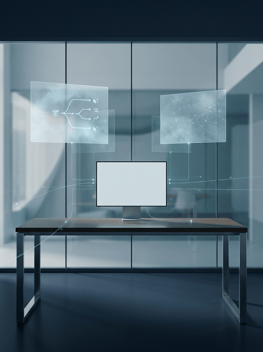 Clean AI implementation workspace with subtle deployment architecture overlays