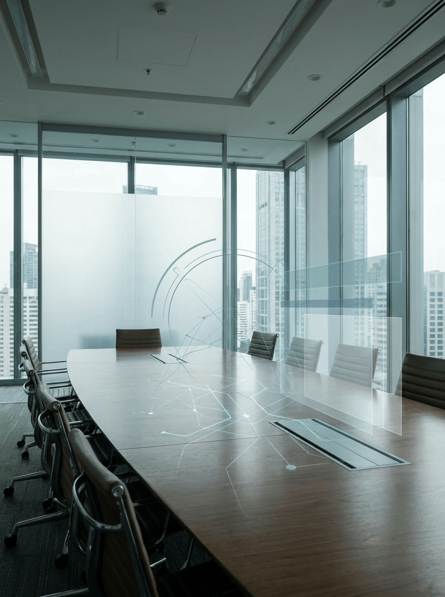 Executive strategy room with subtle AI transformation roadmap overlays