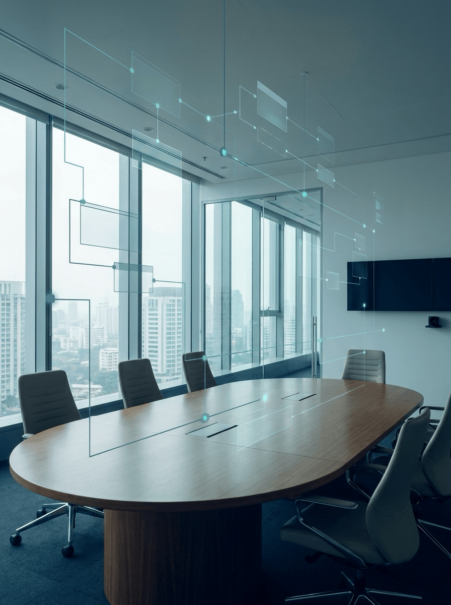 Executive operations office with subtle AI strategy and workflow overlays