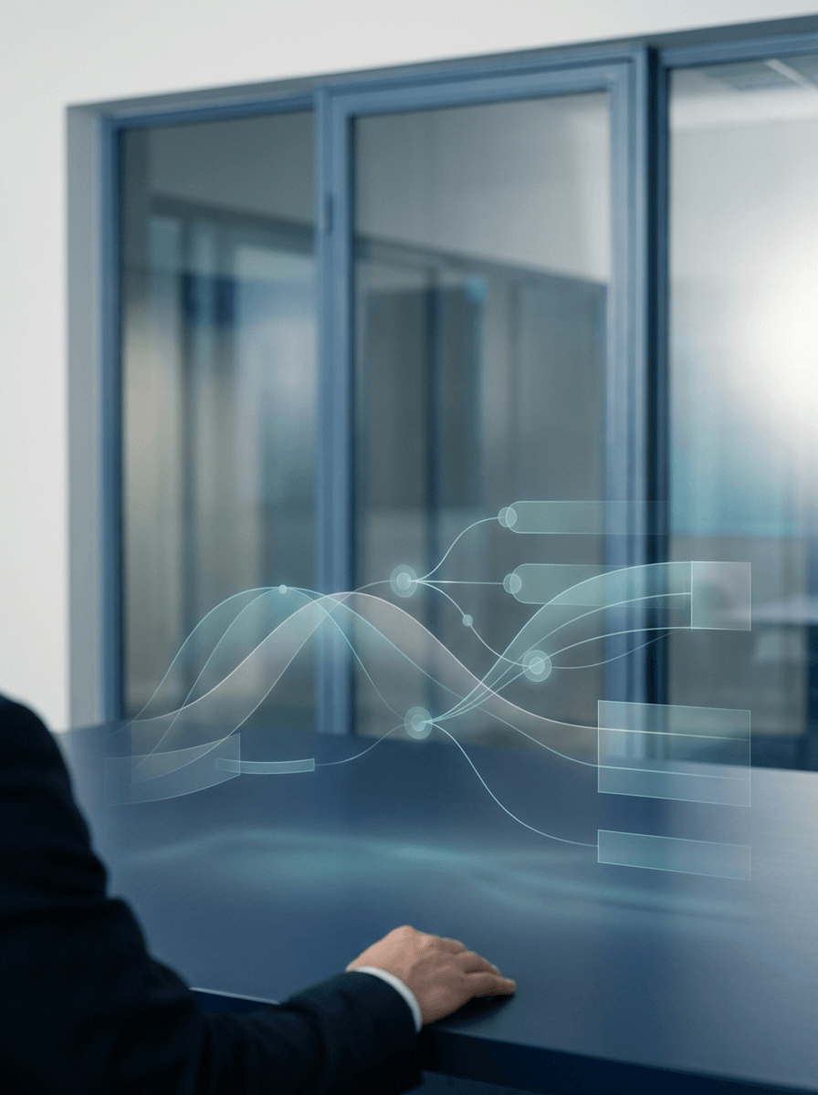 Executive workspace with subtle AI decision support overlays