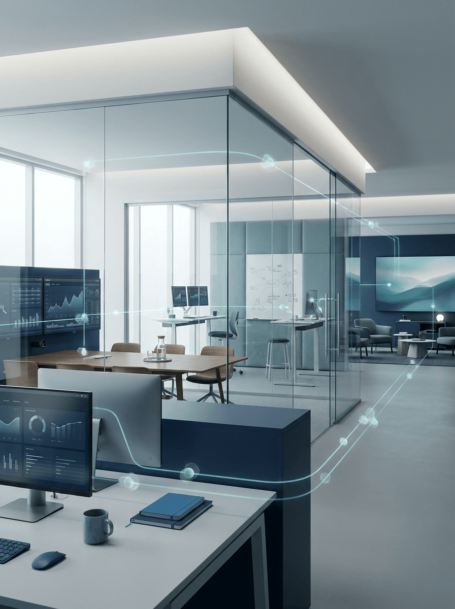 Department work zones connected by subtle AI integration rails