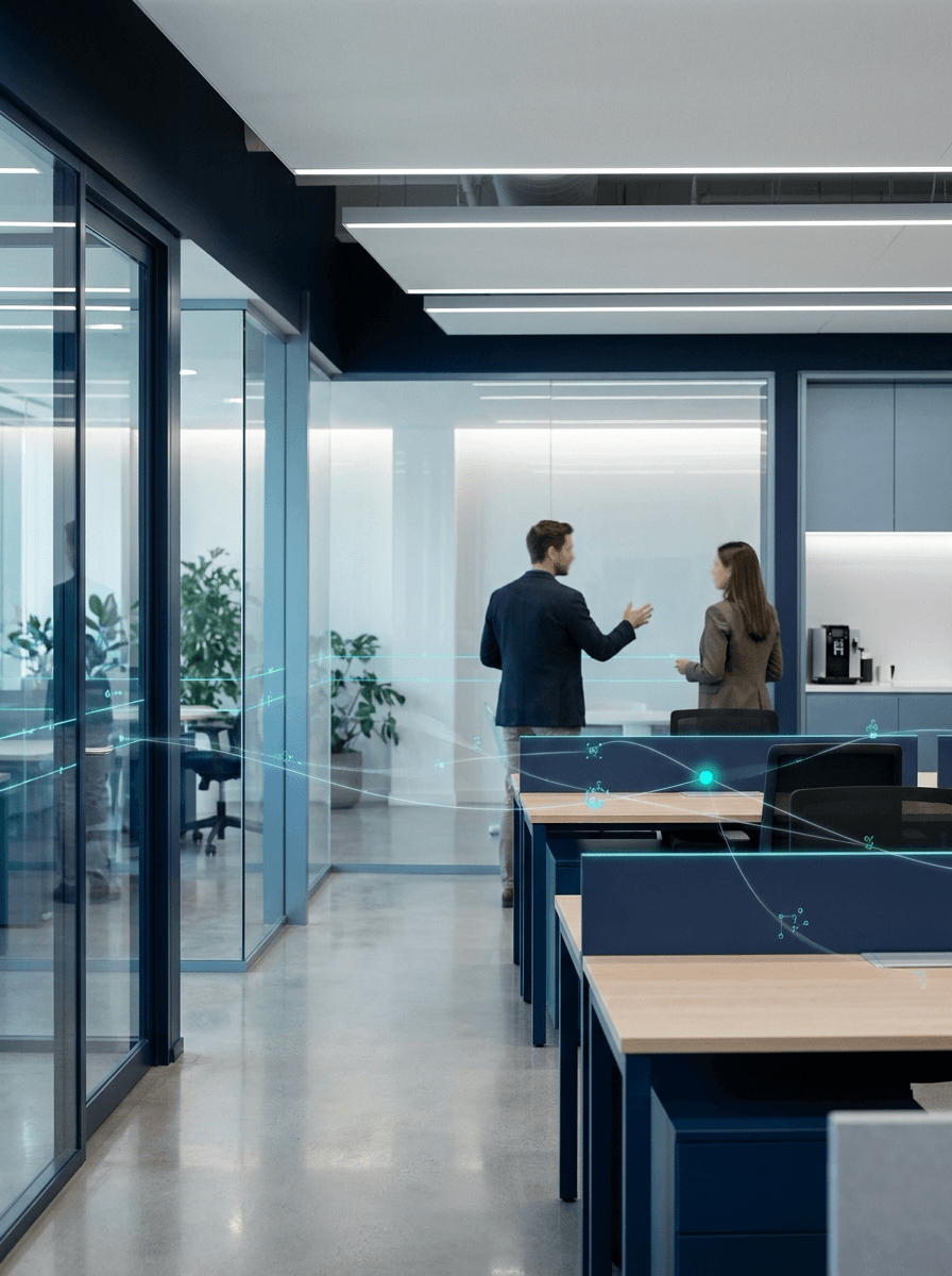 Modern operations office with subtle AI workflow bottleneck mapping