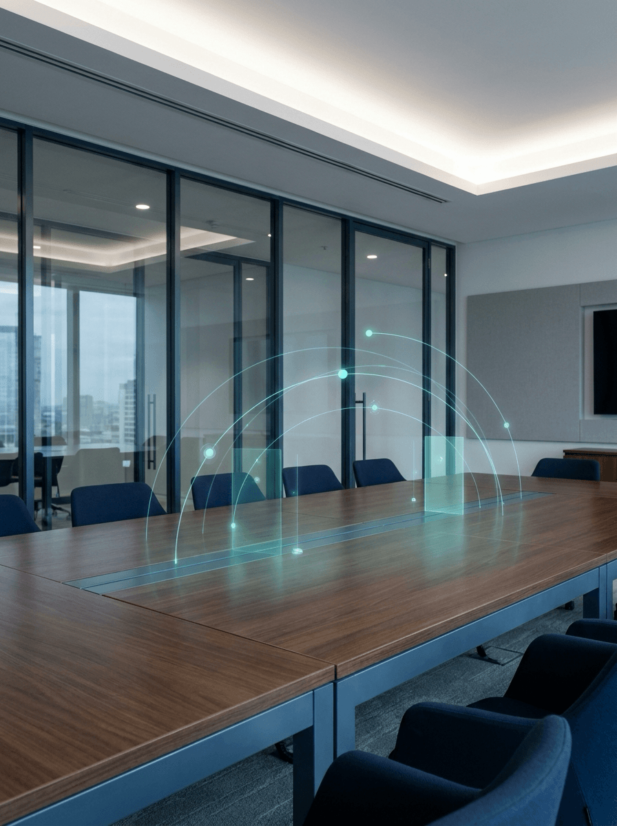 Executive decision room with subtle AI governance and risk signals