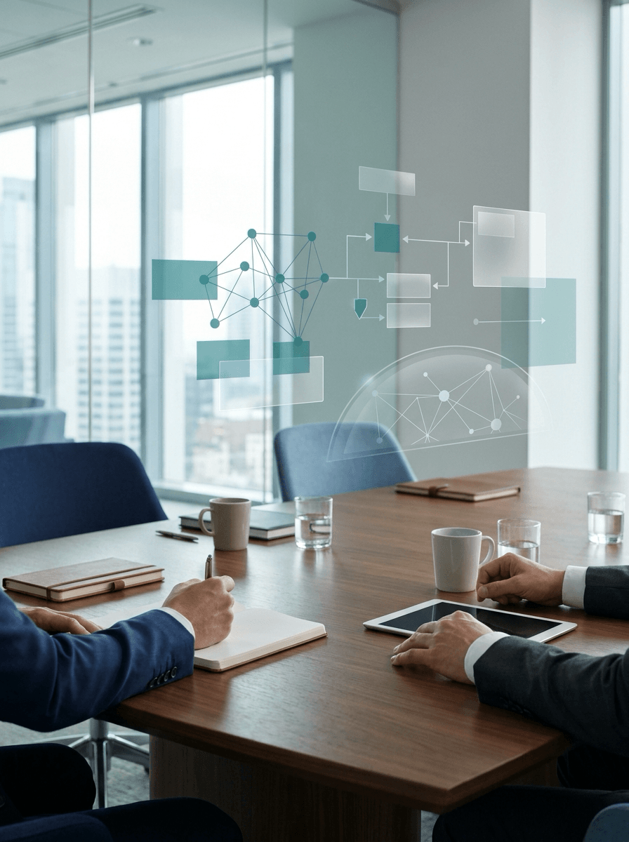 Quiet executive consultation setting with subtle AI context signals
