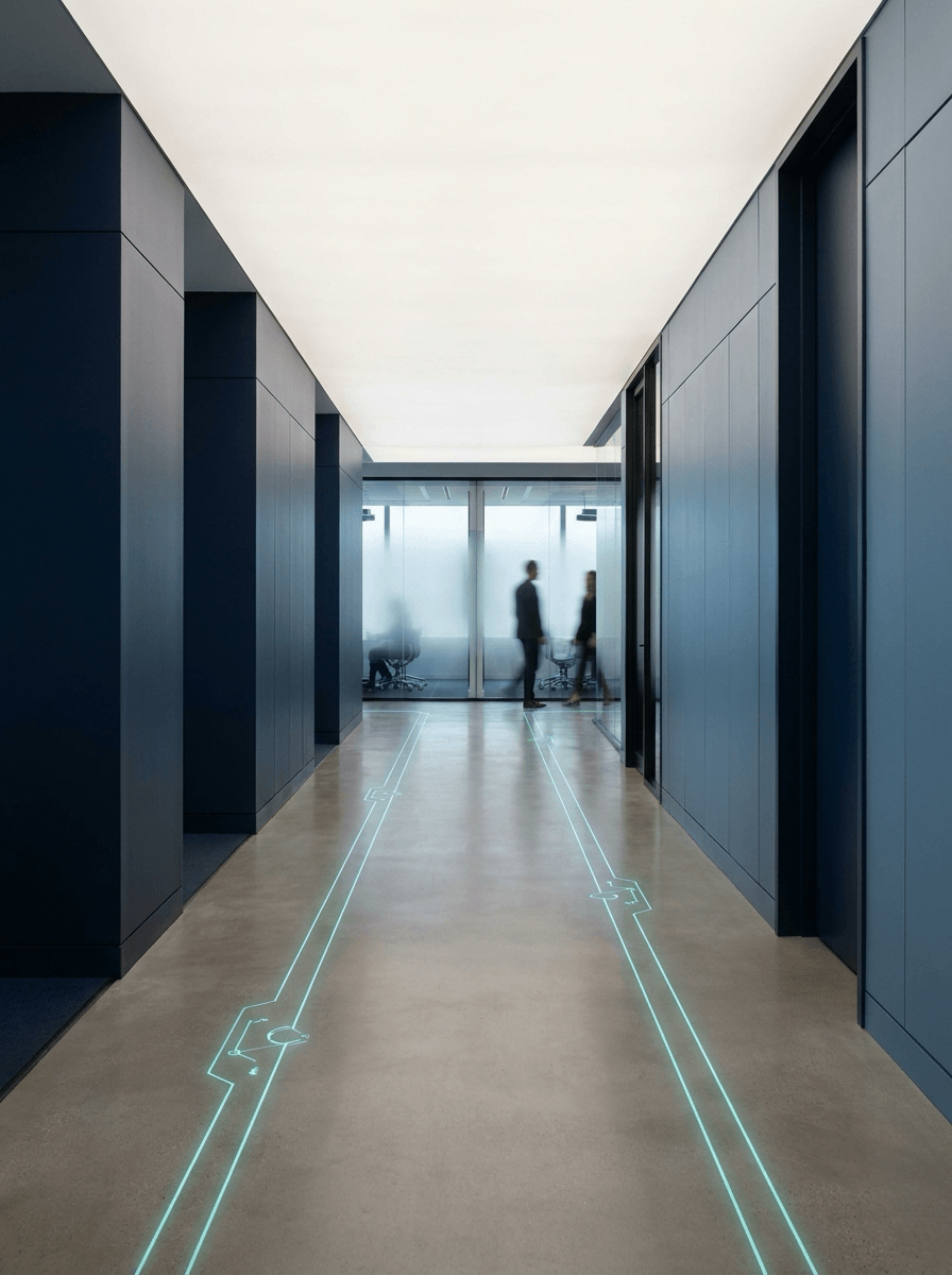Office zones connected by subtle AI guided execution rails