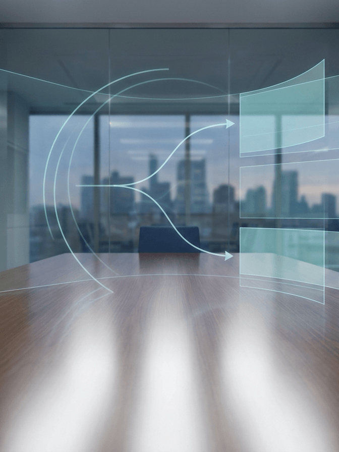 Executive boardroom with subtle AI strategy and risk pathways