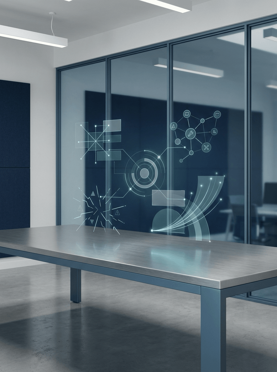 Modern workspace with subtle AI readiness diagnostic mapping