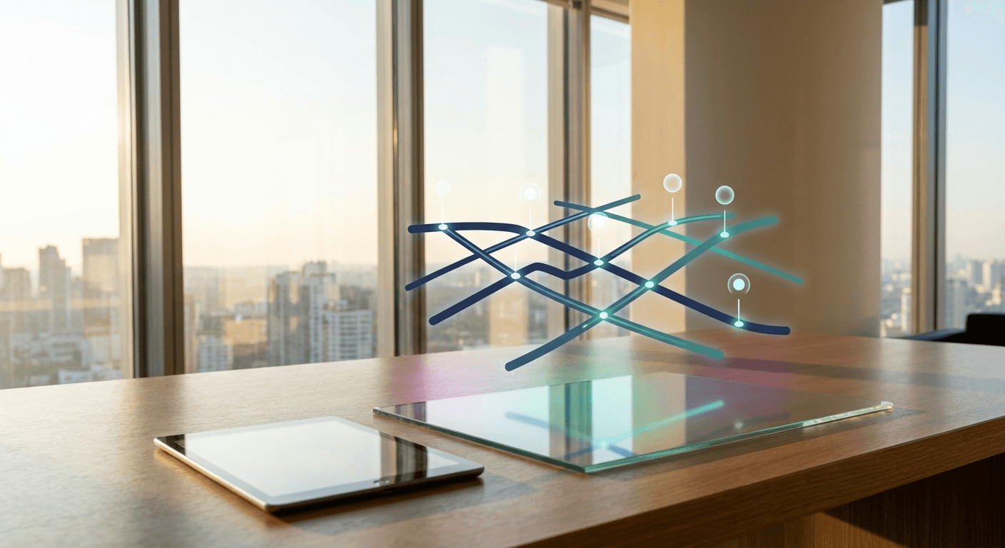 Executive desk with holographic AI implementation roadmap
