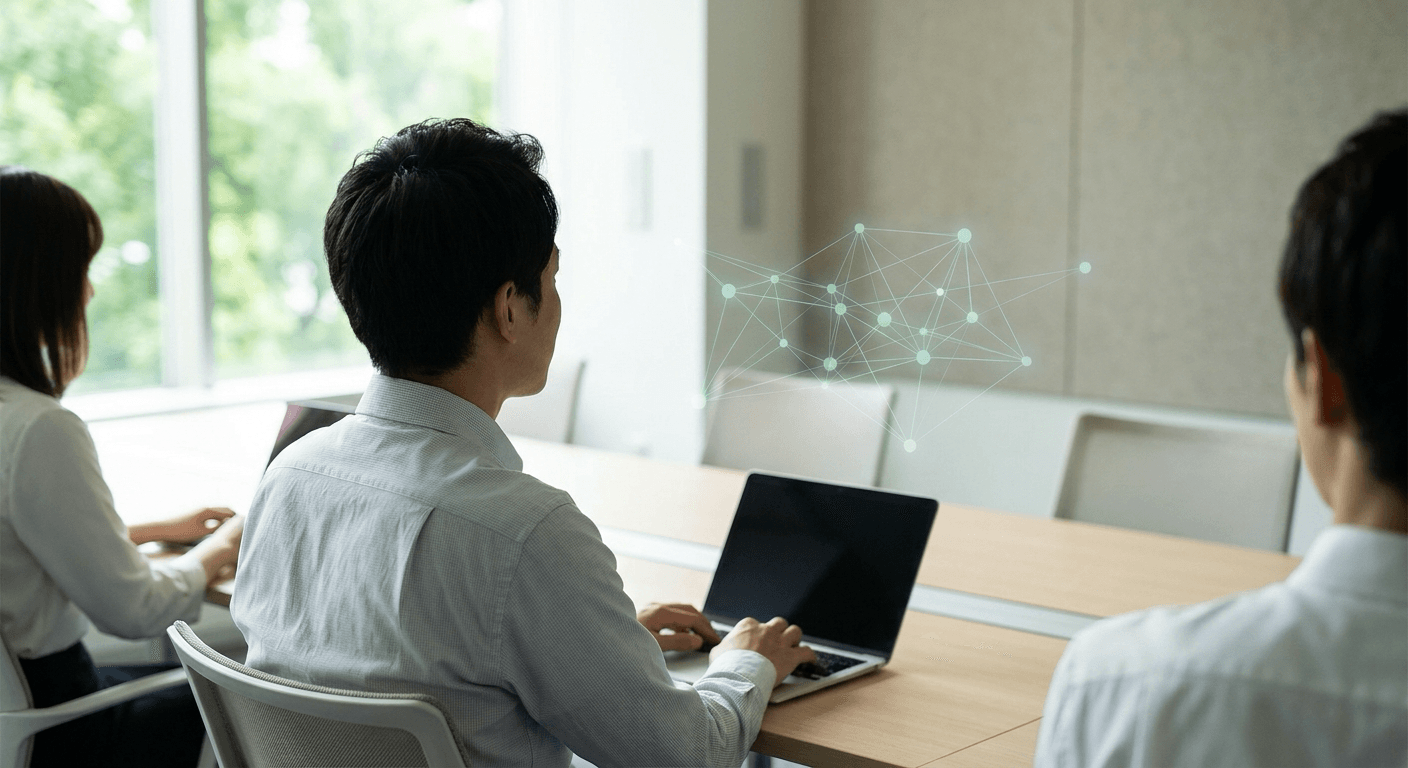 Team training room with holographic AI alignment network